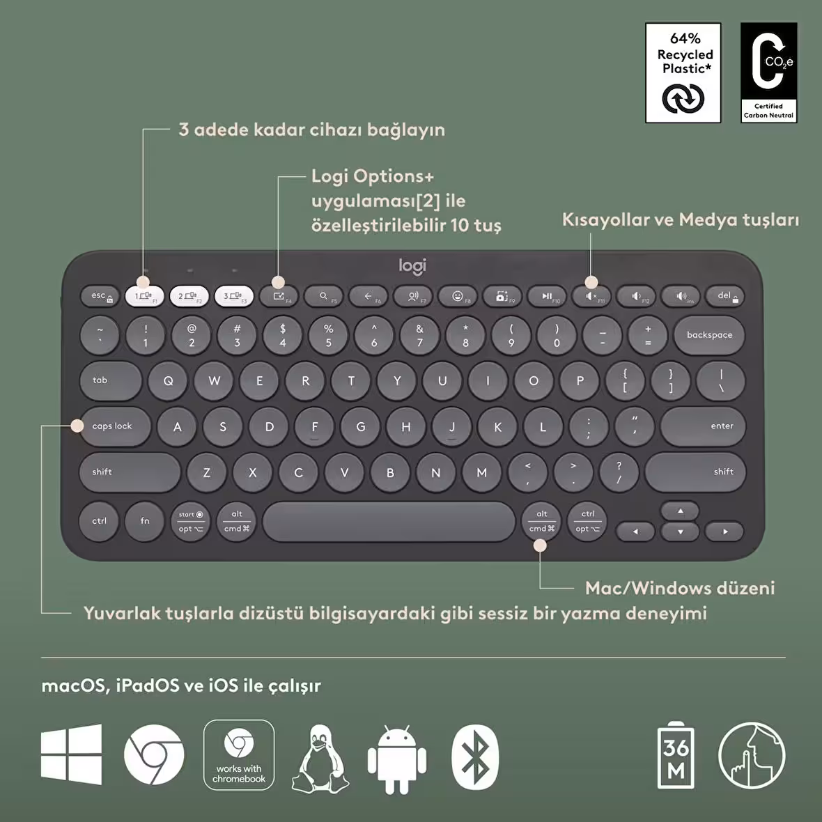 Logitech Pebble Keys 2 K380s Multi-Device Bluetooth Klavye - Grafit 920-011859