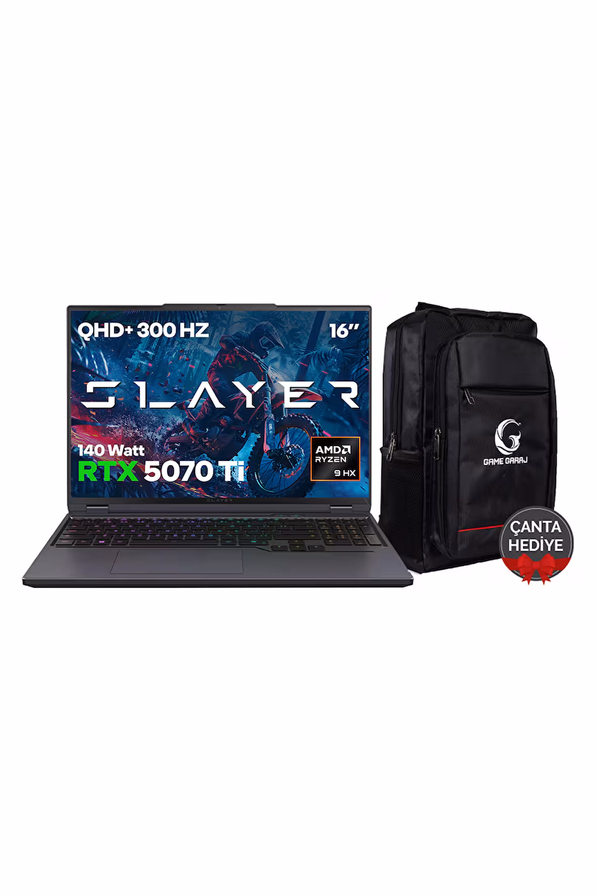 Game Garaj Slayer R9T-5070Ti C3 AMD Ryzen 9 9955HX 32GB RAM 2TB SSD RTX5070Ti 16" QHD IPS 300Hz FreeDOS Gaming Laptop